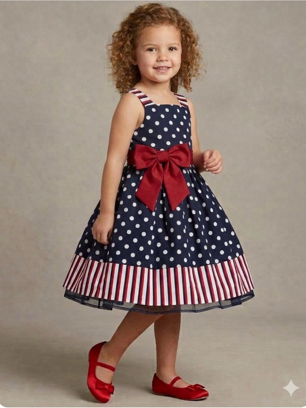Girls Red White & Blue Polka Dot Dress with Red Bow Back Tie Sz 4T